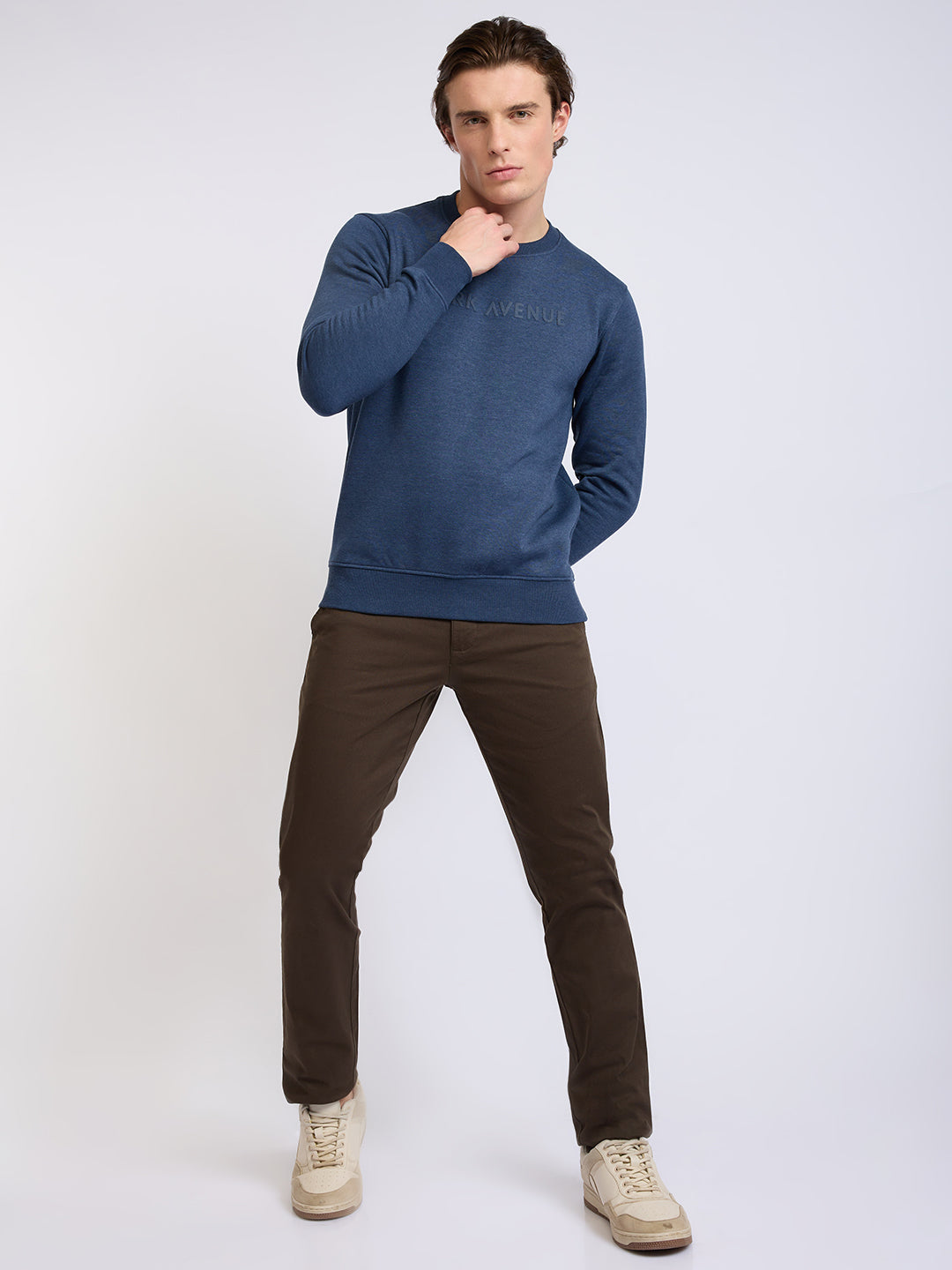 Park Avenue Men Blue Solid Slim Fit Cotton Blend Round Neck Collar Sweatshirt