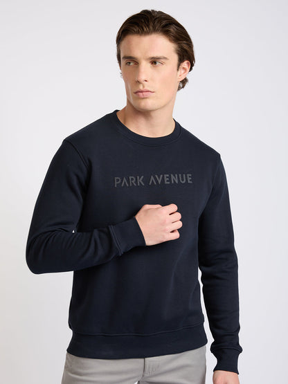 Park Avenue Men Blue Solid Slim Fit Cotton Blend Round Neck Collar Sweatshirt