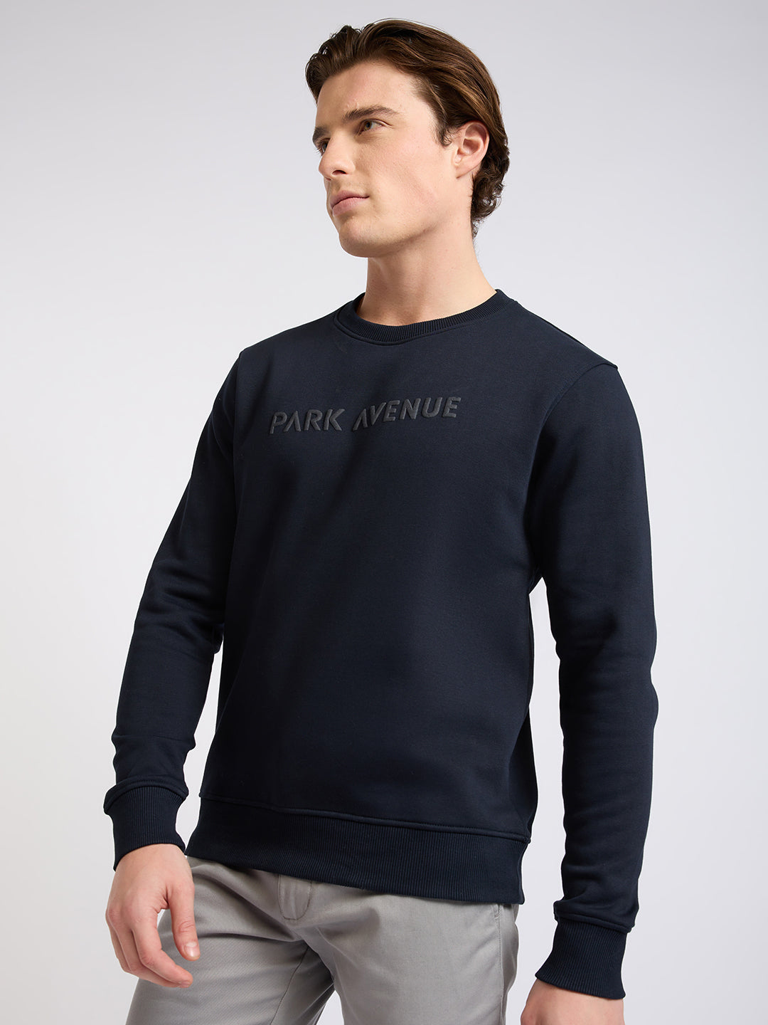 Park Avenue Men Blue Solid Slim Fit Cotton Blend Round Neck Collar Sweatshirt