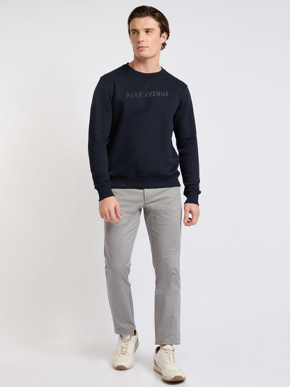 Park Avenue Men Blue Solid Slim Fit Cotton Blend Round Neck Collar Sweatshirt