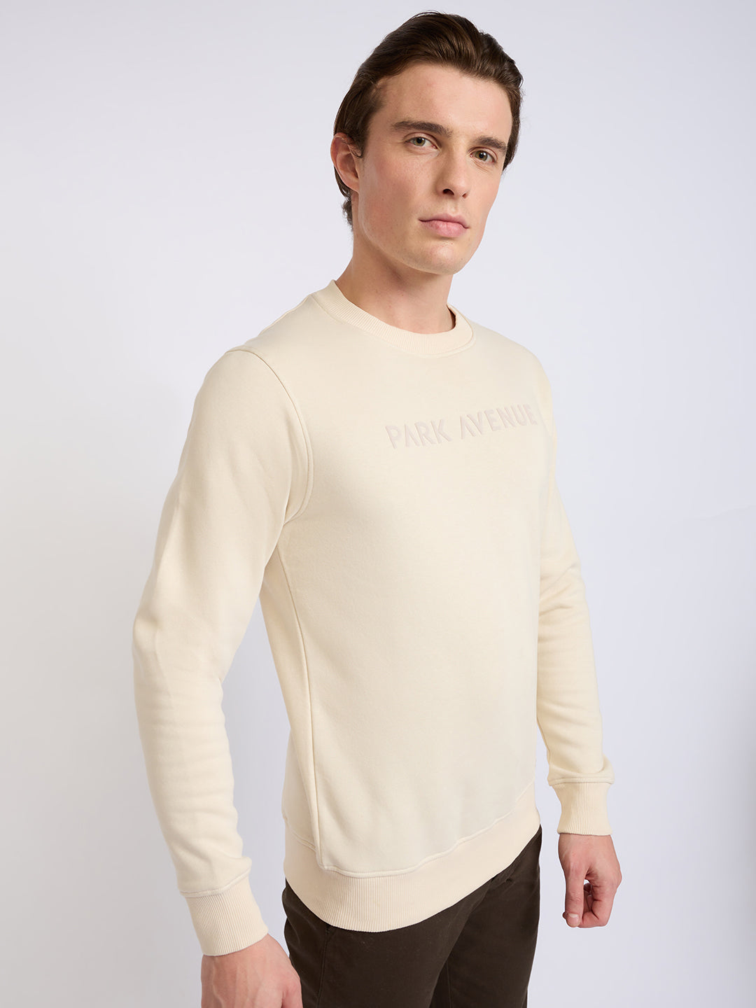 Park Avenue Men Brown Solid Slim Fit Cotton Blend Round Neck Collar Sweatshirt
