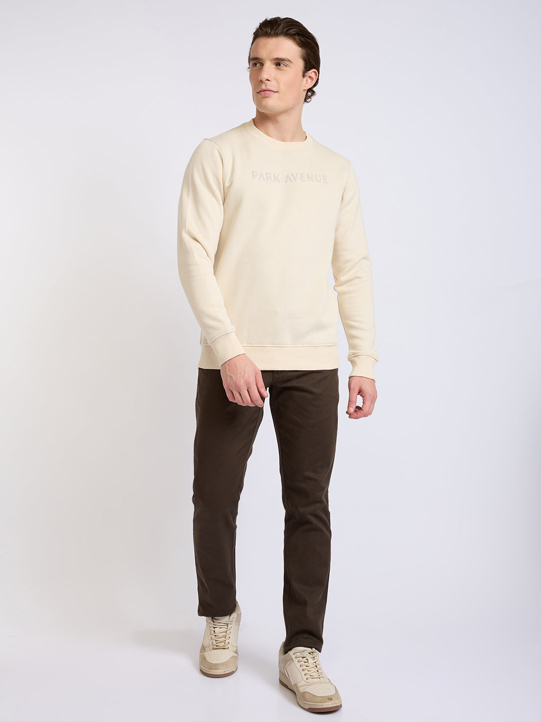 Park Avenue Men Brown Solid Slim Fit Cotton Blend Round Neck Collar Sweatshirt
