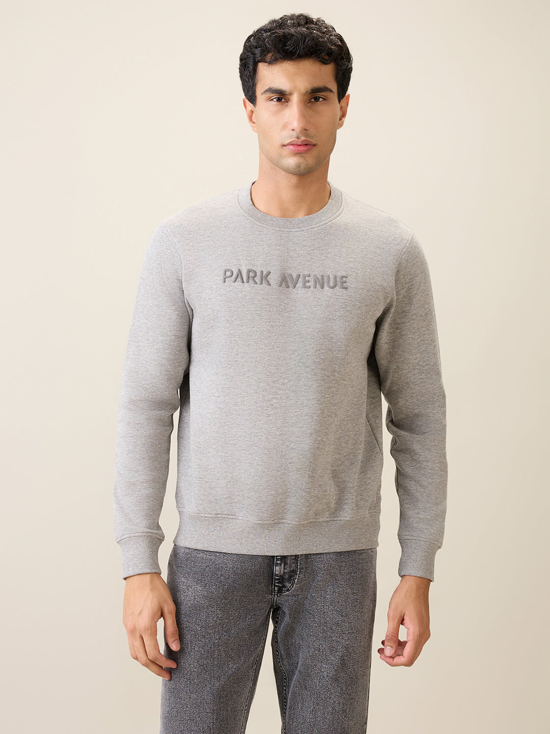 Park Avenue Men Grey Solid Slim Fit Cotton Blend Round Neck Collar Sweatshirt