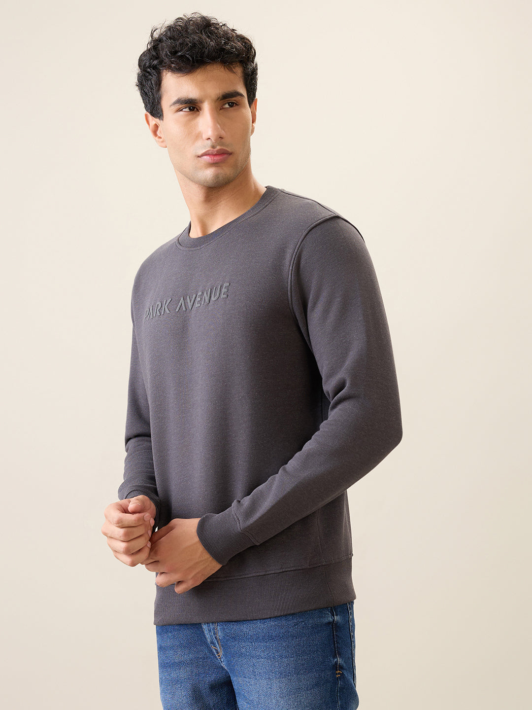 Park Avenue Men Black Solid Slim Fit Cotton Blend Round Neck Collar Sweatshirt
