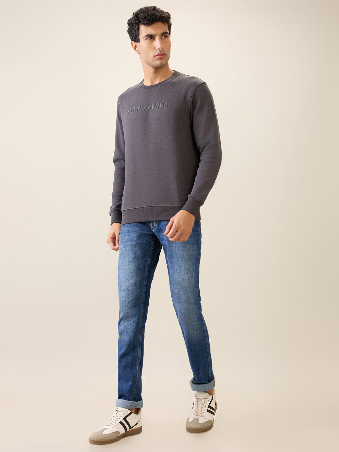 Park Avenue Men Black Solid Slim Fit Cotton Blend Round Neck Collar Sweatshirt