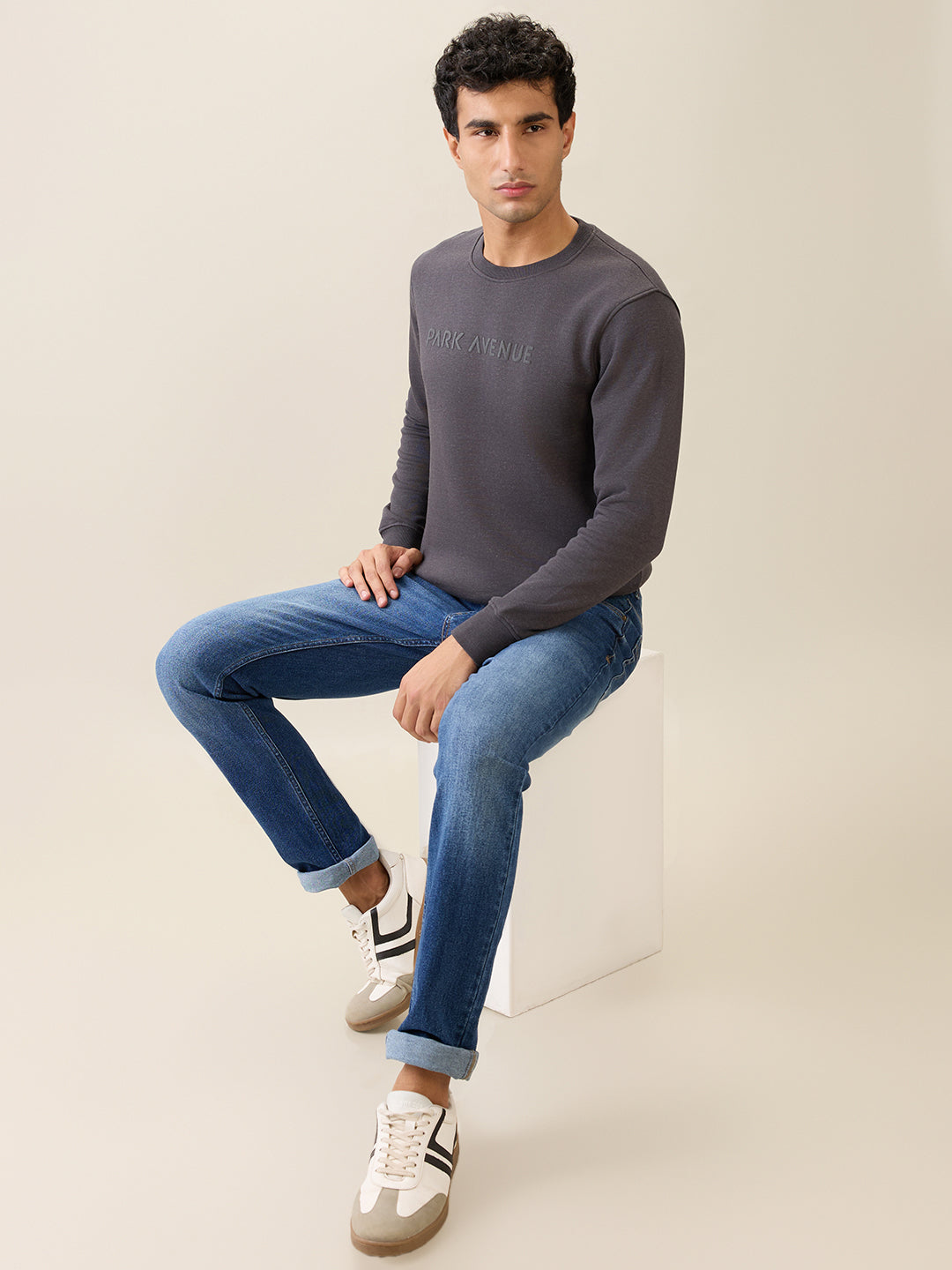 Park Avenue Men Black Solid Slim Fit Cotton Blend Round Neck Collar Sweatshirt