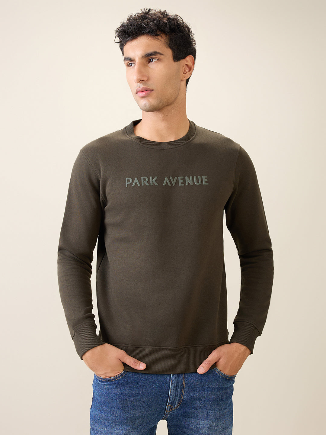 Park Avenue Men Green Solid Slim Fit Cotton Blend Round Neck Collar Sweatshirt