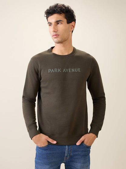 Park Avenue Men Green Solid Slim Fit Cotton Blend Round Neck Collar Sweatshirt