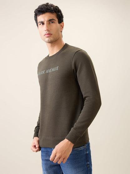 Park Avenue Men Green Solid Slim Fit Cotton Blend Round Neck Collar Sweatshirt