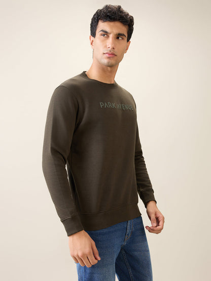 Park Avenue Men Green Solid Slim Fit Cotton Blend Round Neck Collar Sweatshirt