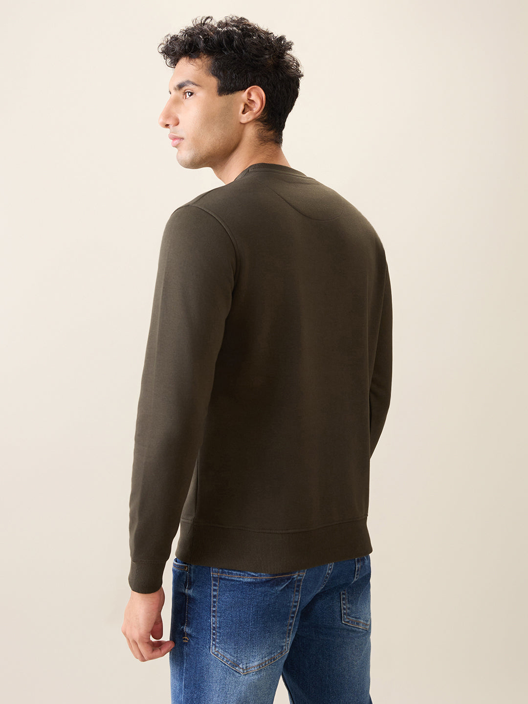 Park Avenue Men Green Solid Slim Fit Cotton Blend Round Neck Collar Sweatshirt