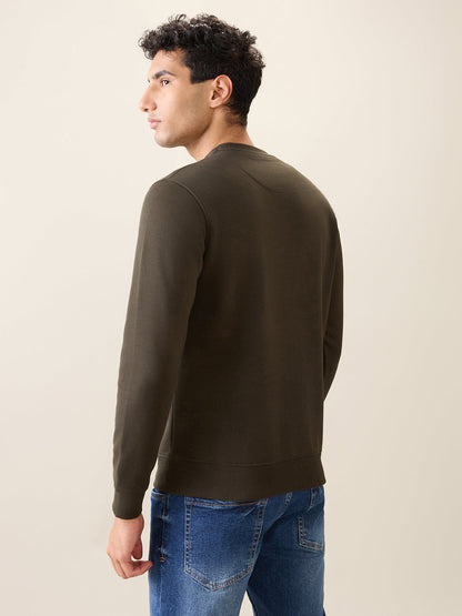 Park Avenue Men Green Solid Slim Fit Cotton Blend Round Neck Collar Sweatshirt