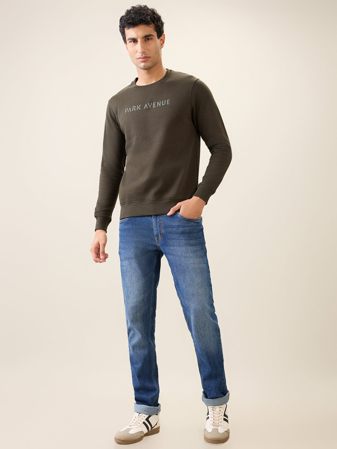 Park Avenue Men Green Solid Slim Fit Cotton Blend Round Neck Collar Sweatshirt