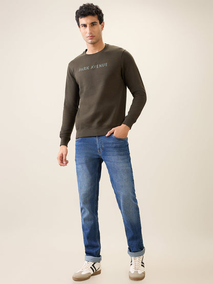 Park Avenue Men Green Solid Slim Fit Cotton Blend Round Neck Collar Sweatshirt