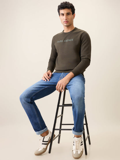 Park Avenue Men Green Solid Slim Fit Cotton Blend Round Neck Collar Sweatshirt