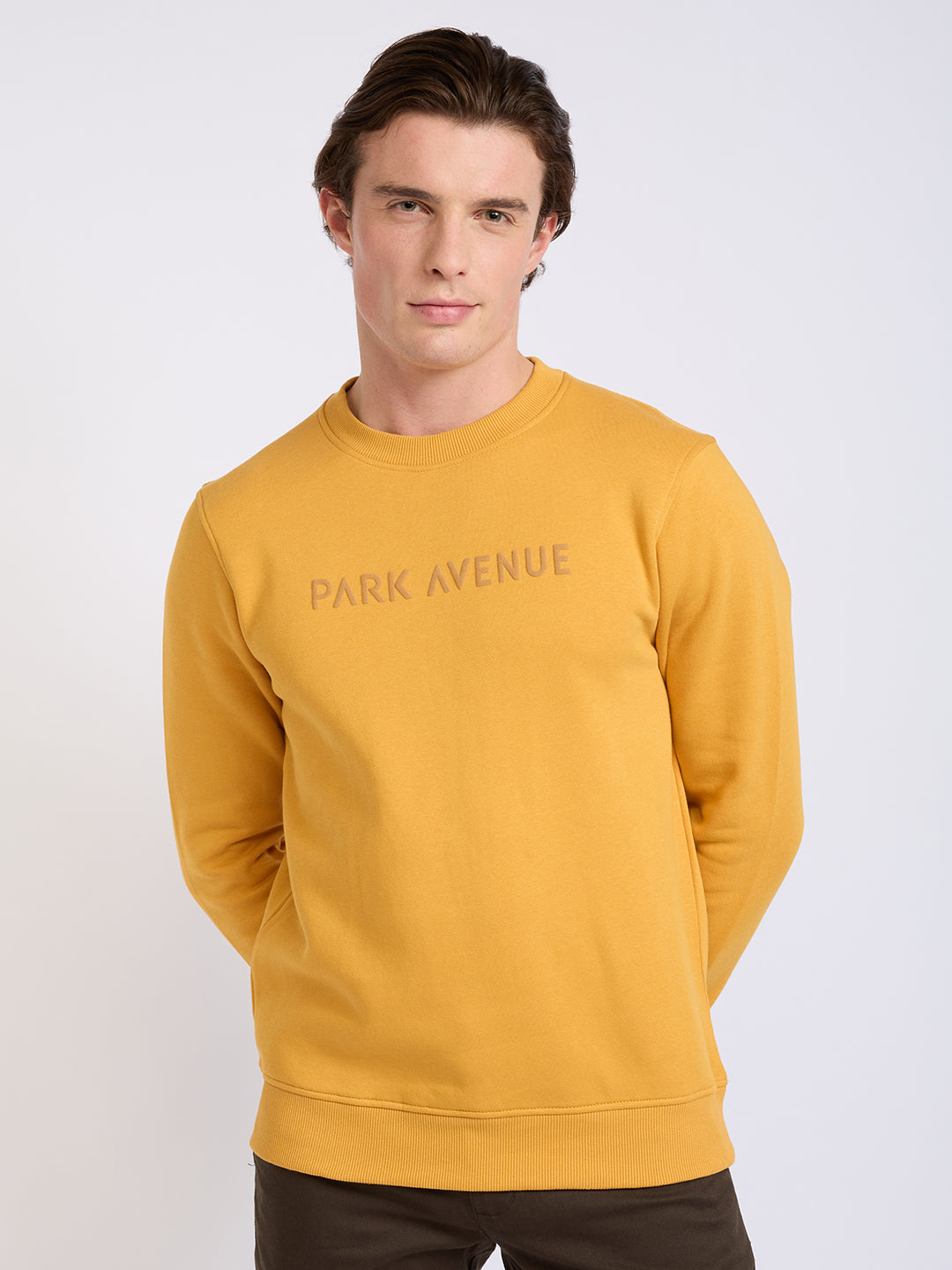 Park Avenue Men Yellow Solid Slim Fit Cotton Blend Round Neck Collar Sweatshirt