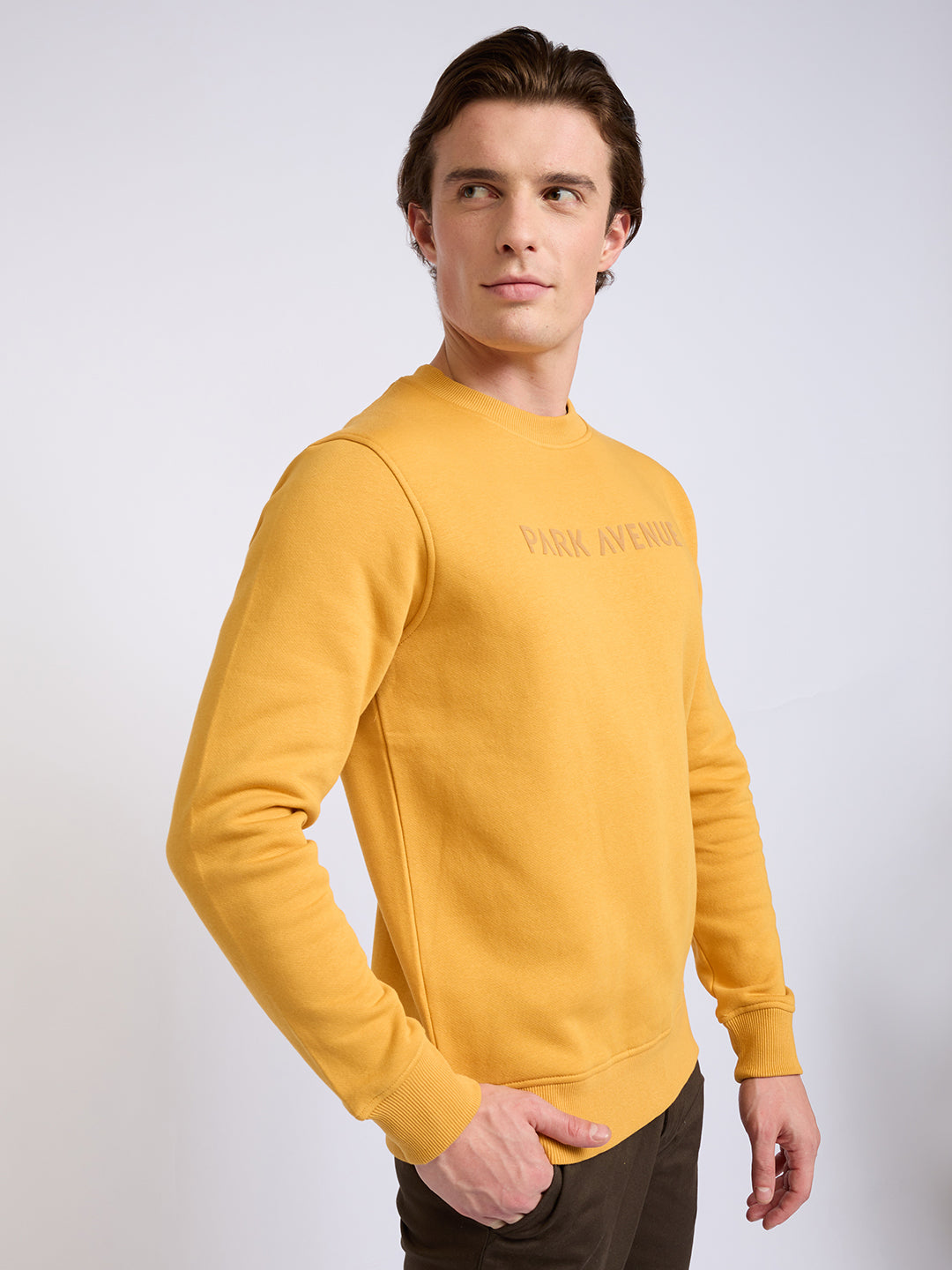 Park Avenue Men Yellow Solid Slim Fit Cotton Blend Round Neck Collar Sweatshirt