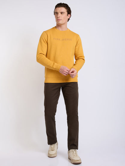 Park Avenue Men Yellow Solid Slim Fit Cotton Blend Round Neck Collar Sweatshirt