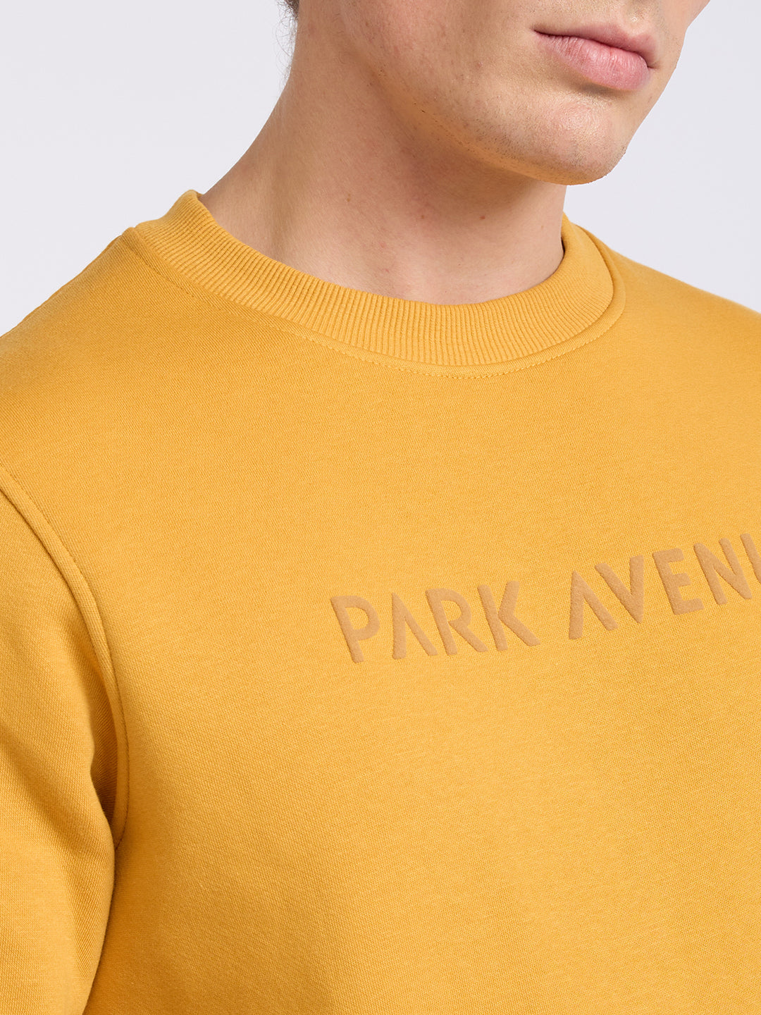 Park Avenue Men Yellow Solid Slim Fit Cotton Blend Round Neck Collar Sweatshirt