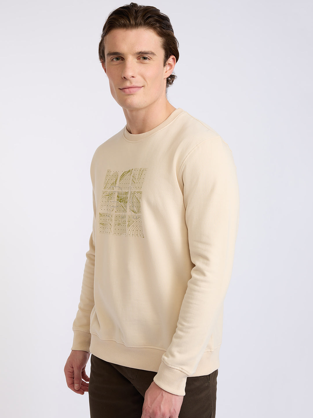 Park Avenue Men Brown Printed Slim Fit Cotton Blend Round Neck Collar Sweatshirt