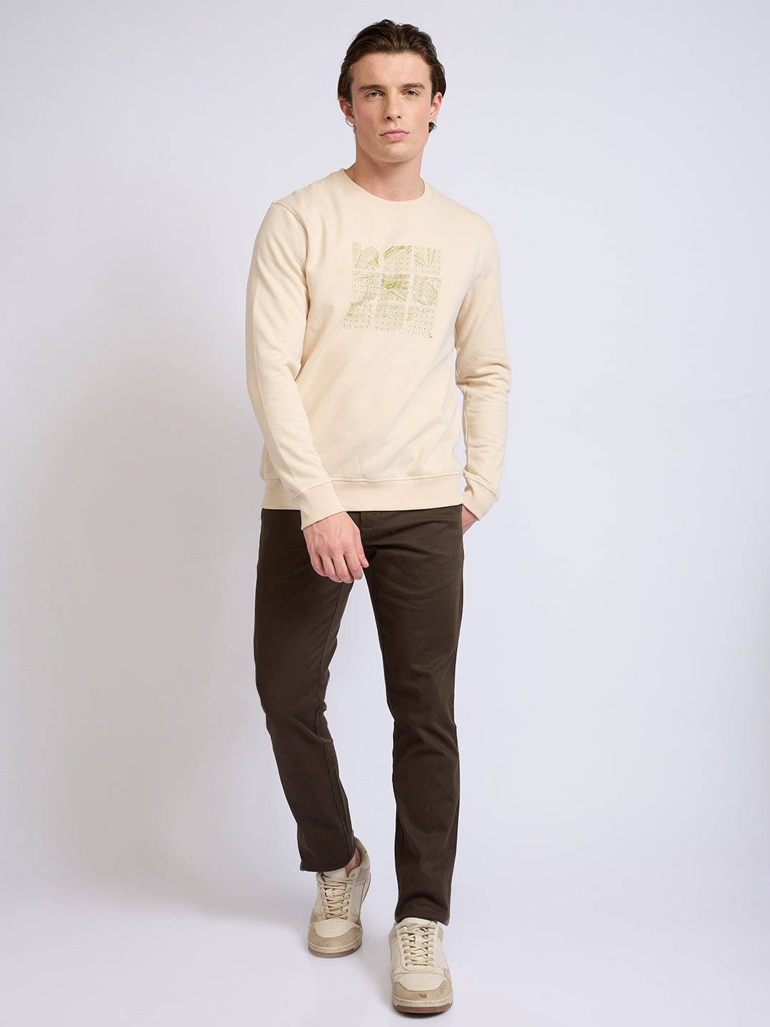 Park Avenue Men Brown Printed Slim Fit Cotton Blend Round Neck Collar Sweatshirt