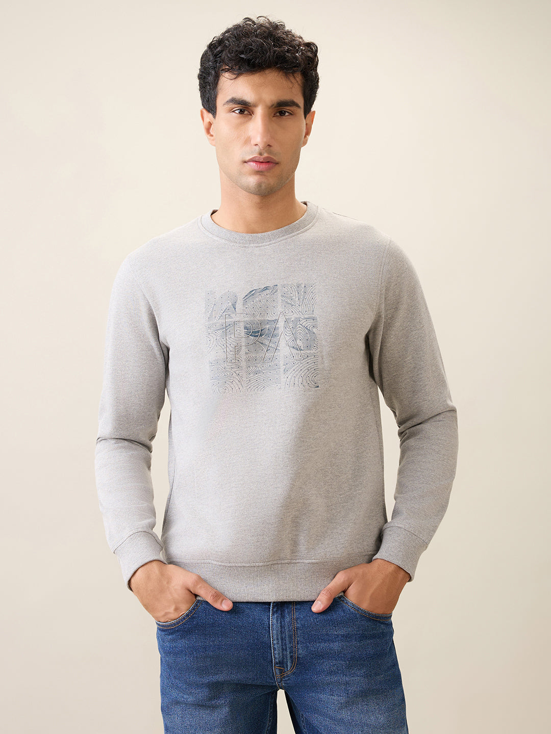 Park Avenue Men Grey Printed Slim Fit Cotton Blend Round Neck Collar Sweatshirt
