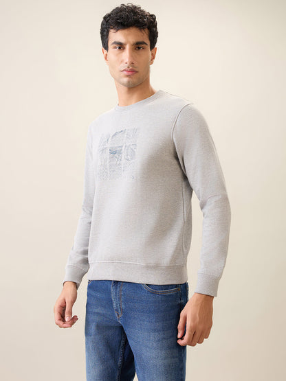 Park Avenue Men Grey Printed Slim Fit Cotton Blend Round Neck Collar Sweatshirt