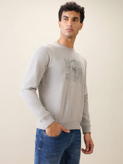 Park Avenue Men Grey Printed Slim Fit Cotton Blend Round Neck Collar Sweatshirt