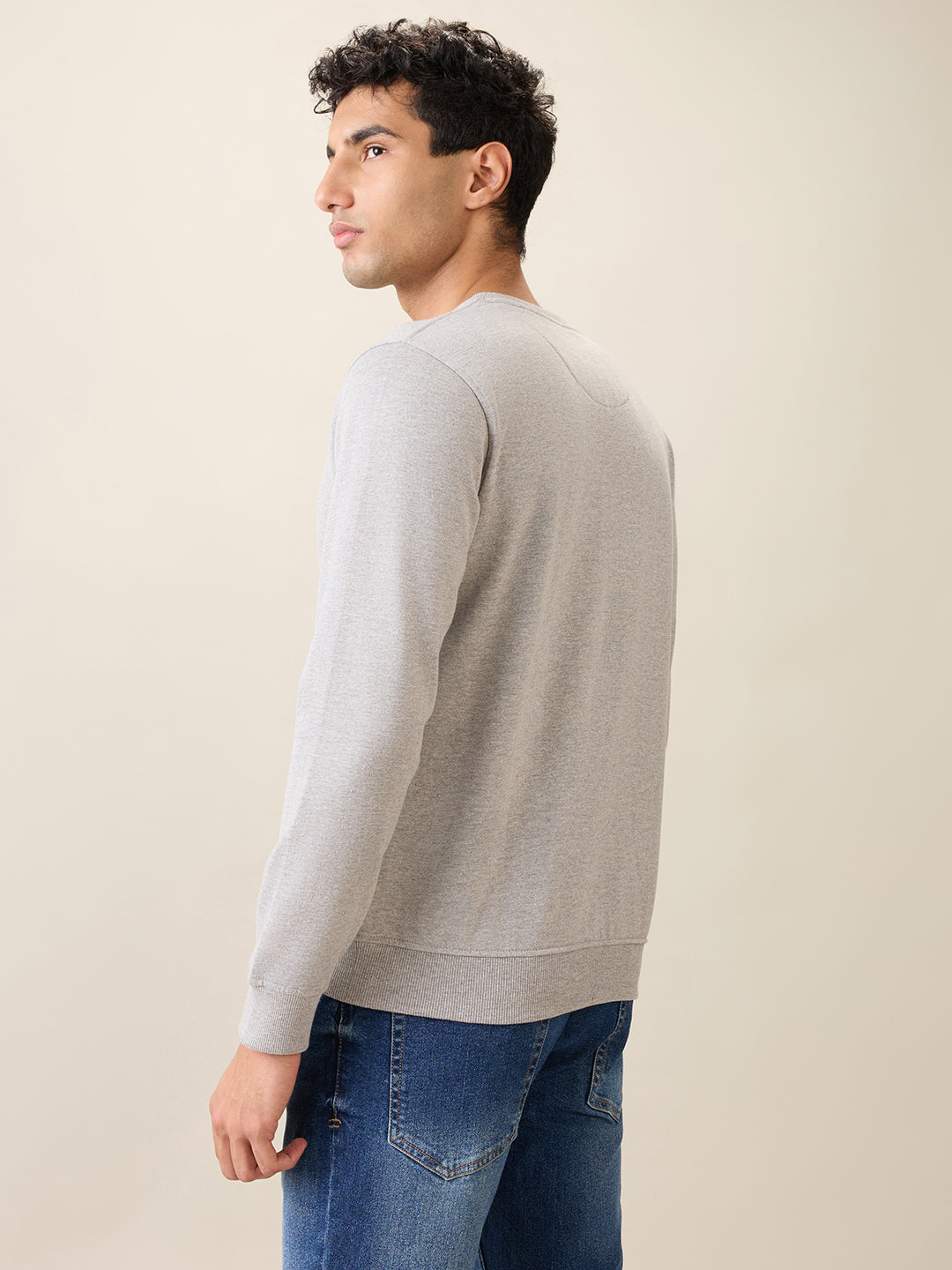 Park Avenue Men Grey Printed Slim Fit Cotton Blend Round Neck Collar Sweatshirt