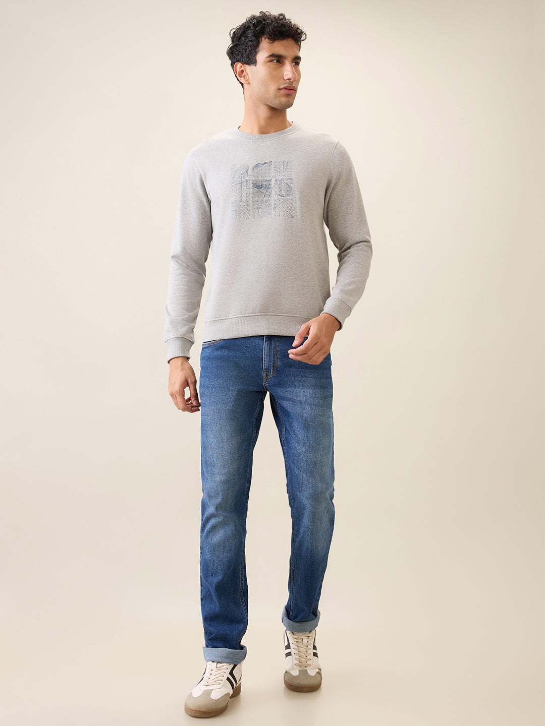 Park Avenue Men Grey Printed Slim Fit Cotton Blend Round Neck Collar Sweatshirt