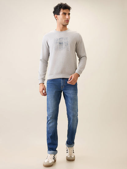 Park Avenue Men Grey Printed Slim Fit Cotton Blend Round Neck Collar Sweatshirt