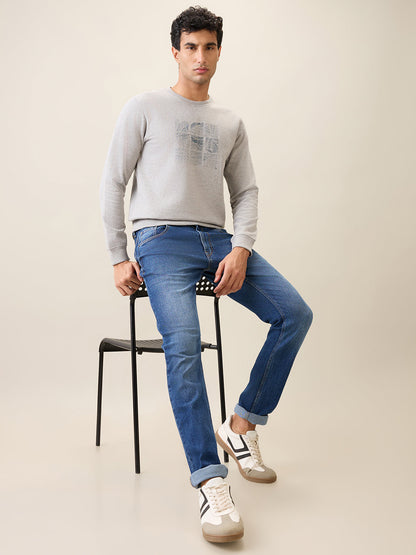 Park Avenue Men Grey Printed Slim Fit Cotton Blend Round Neck Collar Sweatshirt