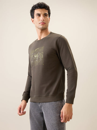 Park Avenue Men Green Printed Slim Fit Cotton Blend Round Neck Collar Sweatshirt