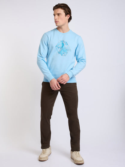 Park Avenue Men Blue Printed Slim Fit Cotton Blend Round Neck Collar Sweatshirt