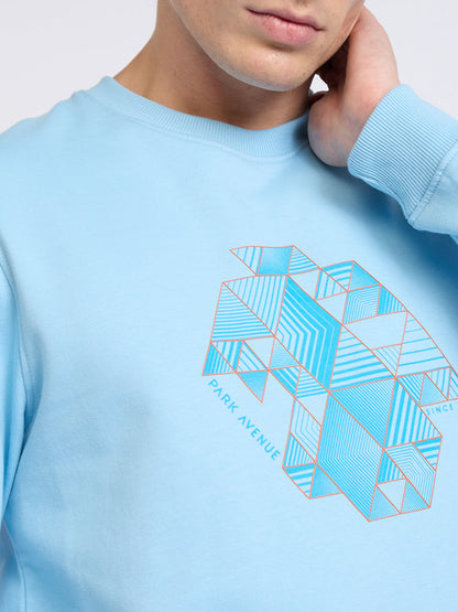 Park Avenue Men Blue Printed Slim Fit Cotton Blend Round Neck Collar Sweatshirt