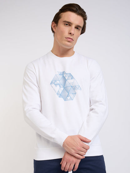 Park Avenue Men White Printed Slim Fit Cotton Blend Round Neck Collar Sweatshirt