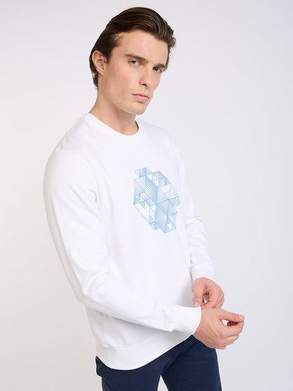 Park Avenue Men White Printed Slim Fit Cotton Blend Round Neck Collar Sweatshirt