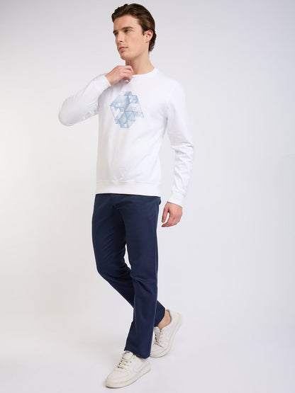 Park Avenue Men White Printed Slim Fit Cotton Blend Round Neck Collar Sweatshirt