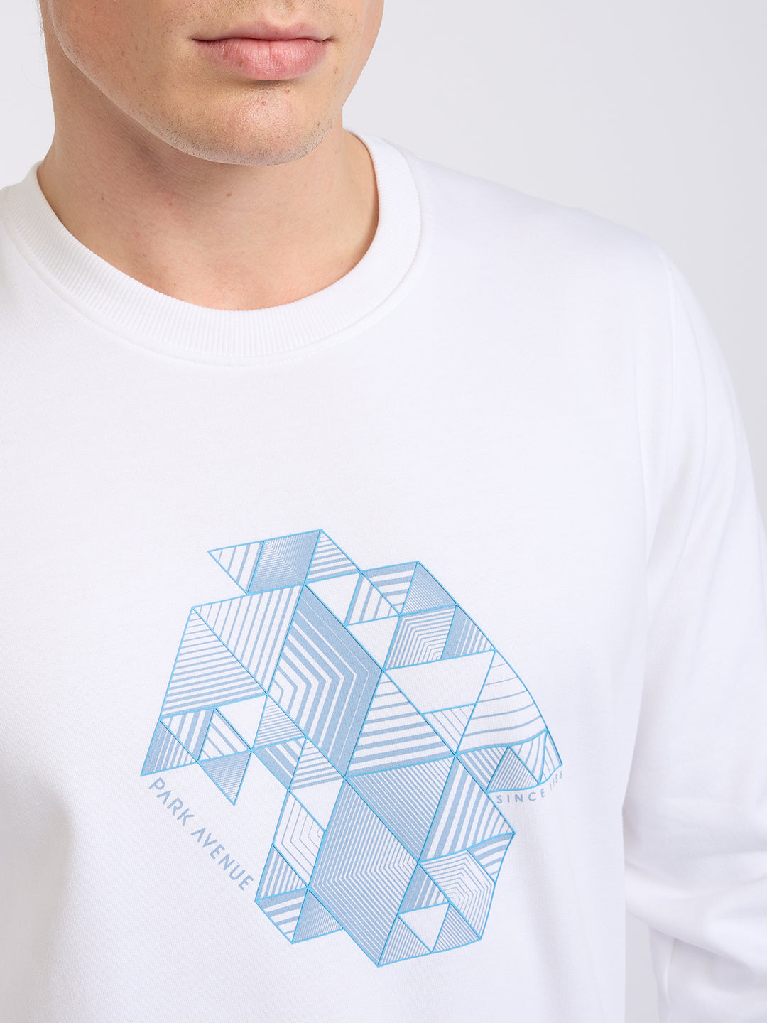 Park Avenue Men White Printed Slim Fit Cotton Blend Round Neck Collar Sweatshirt