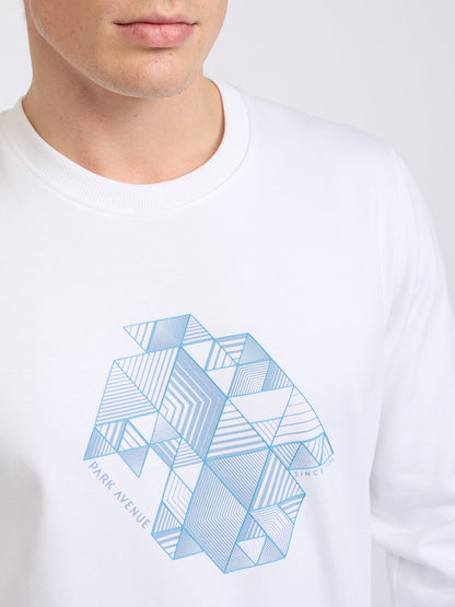 Park Avenue Men White Printed Slim Fit Cotton Blend Round Neck Collar Sweatshirt