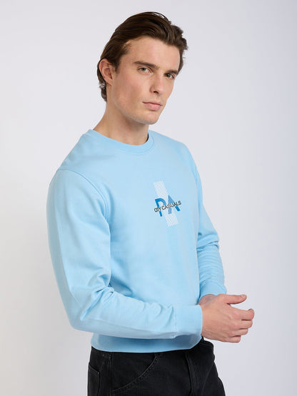 Park Avenue Men Blue Printed Slim Fit Cotton Blend Round Neck Collar Sweatshirt