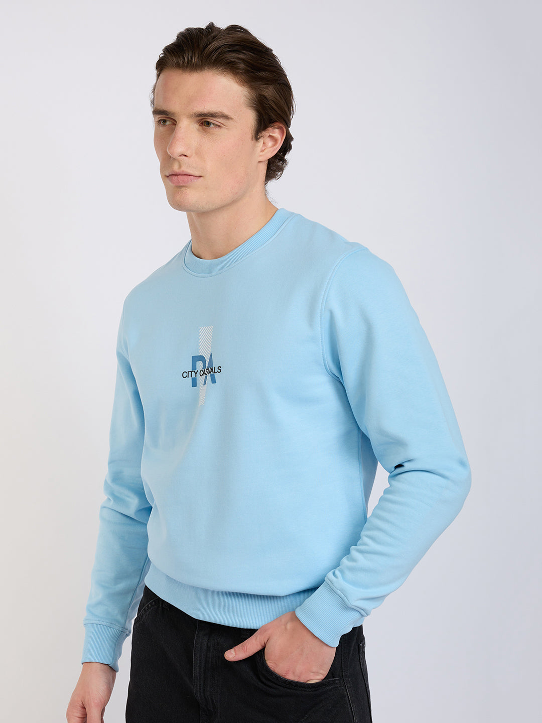 Park Avenue Men Blue Printed Slim Fit Cotton Blend Round Neck Collar Sweatshirt