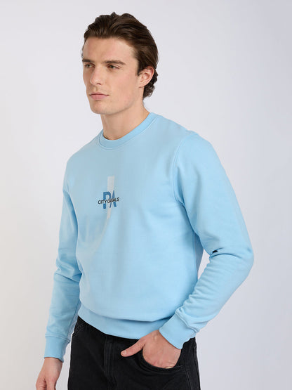 Park Avenue Men Blue Printed Slim Fit Cotton Blend Round Neck Collar Sweatshirt