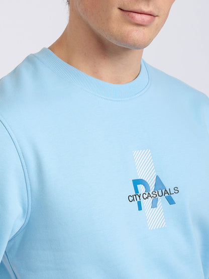 Park Avenue Men Blue Printed Slim Fit Cotton Blend Round Neck Collar Sweatshirt