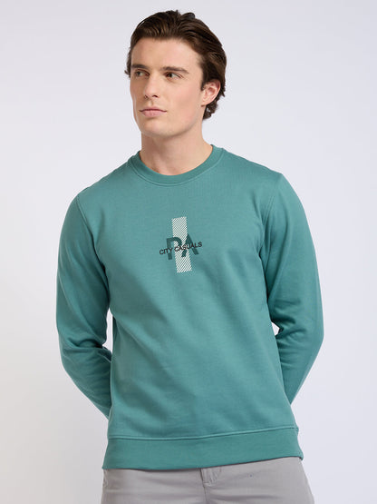 Park Avenue Men Green Printed Slim Fit Cotton Blend Round Neck Collar Sweatshirt