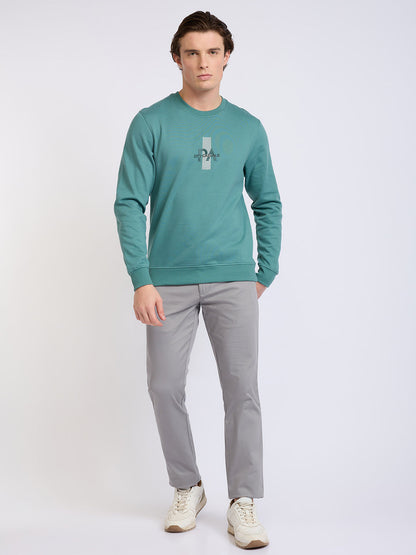 Park Avenue Men Green Printed Slim Fit Cotton Blend Round Neck Collar Sweatshirt
