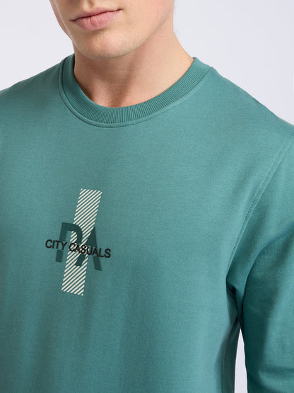Park Avenue Men Green Printed Slim Fit Cotton Blend Round Neck Collar Sweatshirt