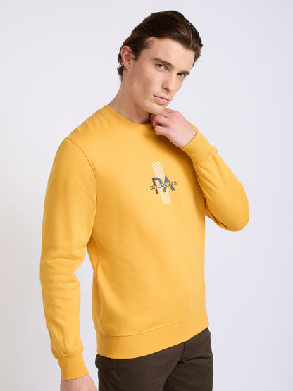 Park Avenue Men Yellow Printed Slim Fit Cotton Blend Round Neck Collar Sweatshirt
