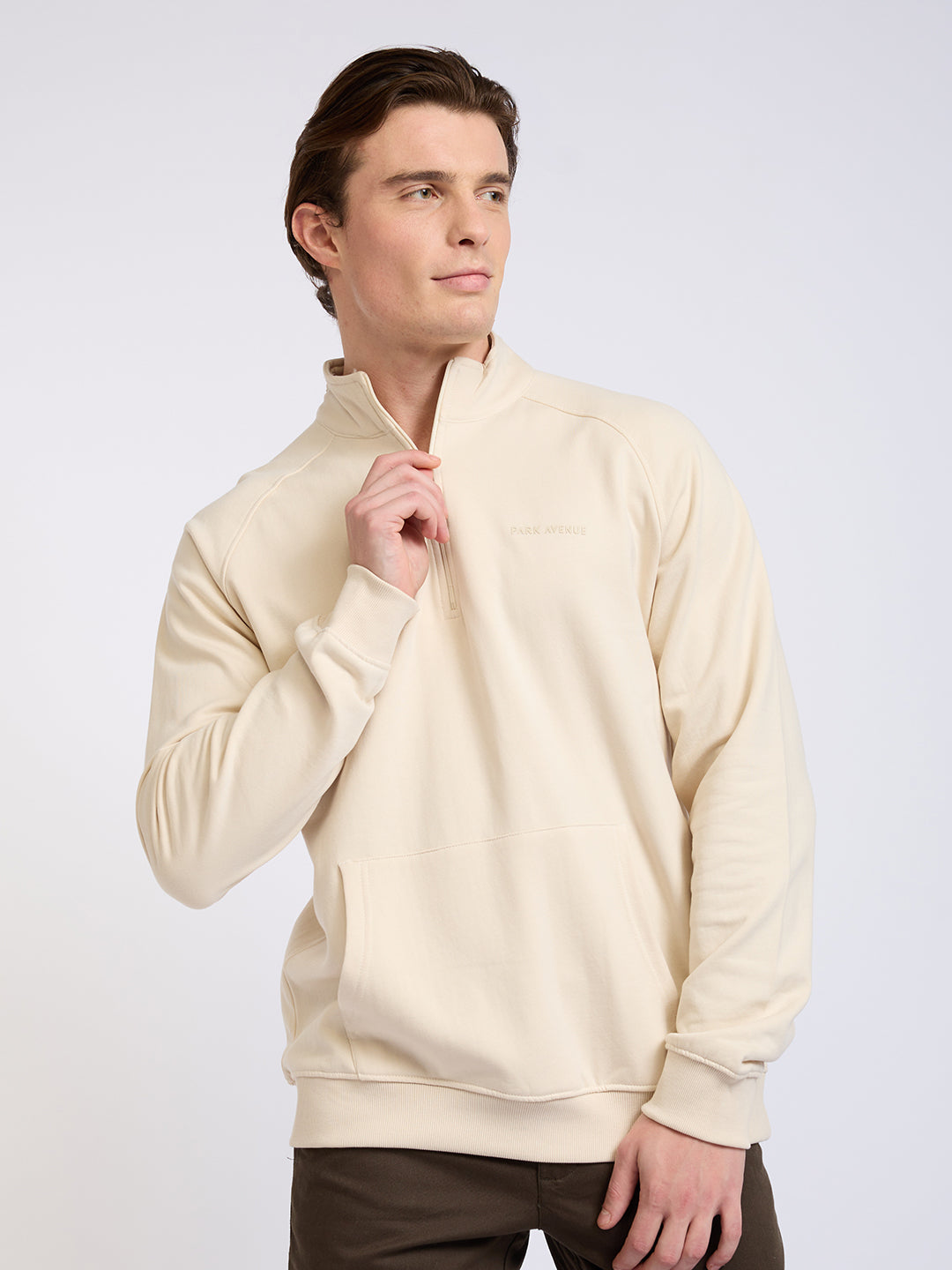 Park Avenue Men Brown Solid Slim Fit Cotton Blend Full Sleeve Sweatshirt