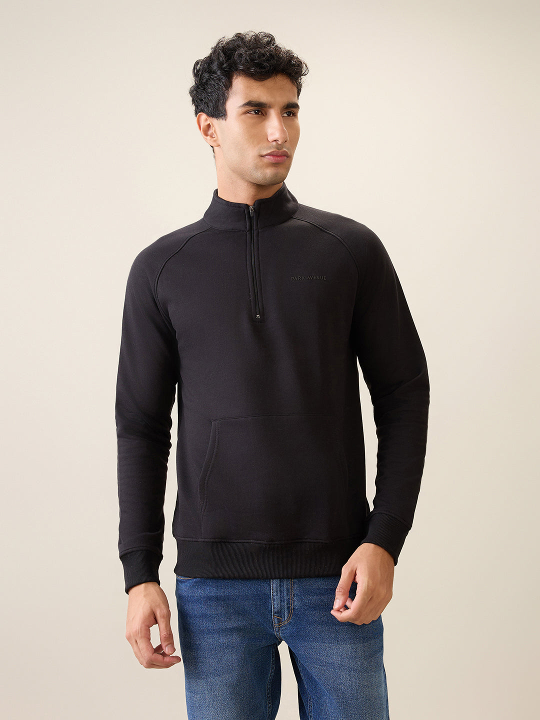 Park Avenue Men Black Solid Slim Fit Cotton Blend Full Sleeve Sweatshirt